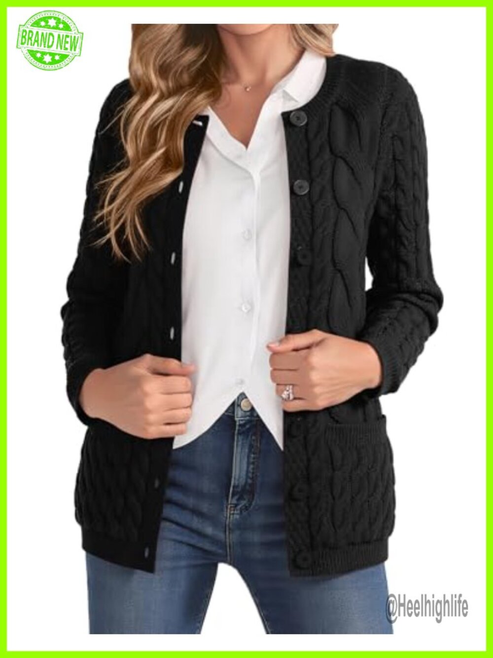 Cable Knit Cardigan Sweater Crew Neck Button Up with Pockets